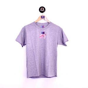 Grey Rich Vintage original unisex t-shirt with cassette logo and light blue and pink RV